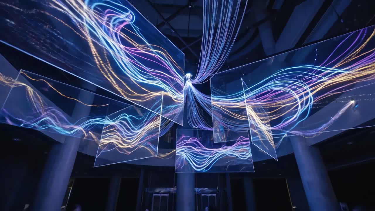 People Observe a Modern Light Art Installation with Glowing Digital Streams