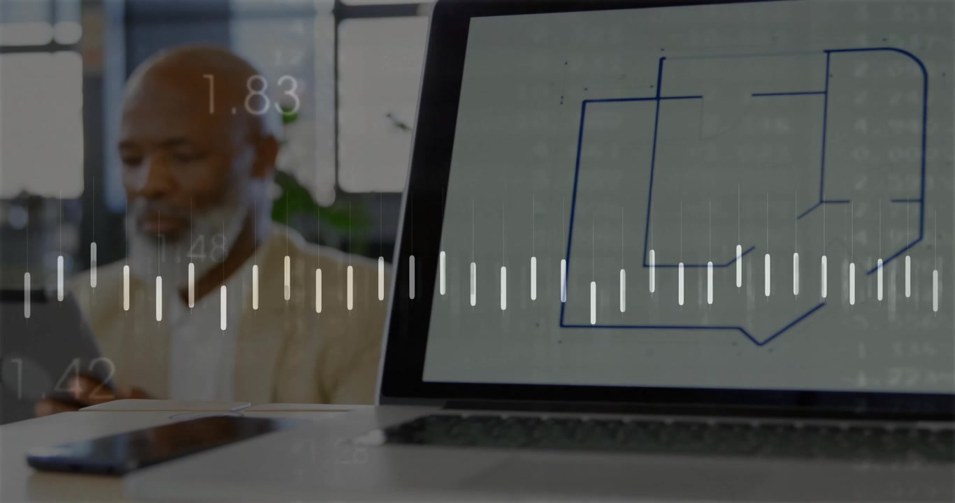 Forretningsmann trykker på nettbrett som viser bølgeformer og numeriske overlegg på en skjematisk fremstilling på bærbar PC for analyse.