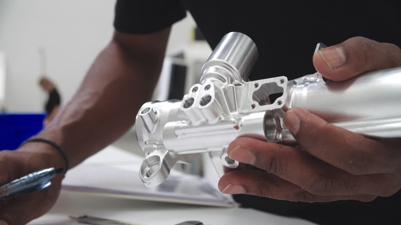 ingeniero en el componente de medición de la fábrica con micrómetro