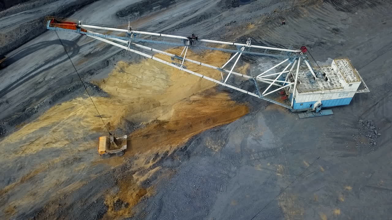 explotación de la mina a cielo abierto con excavadora y camión dumper