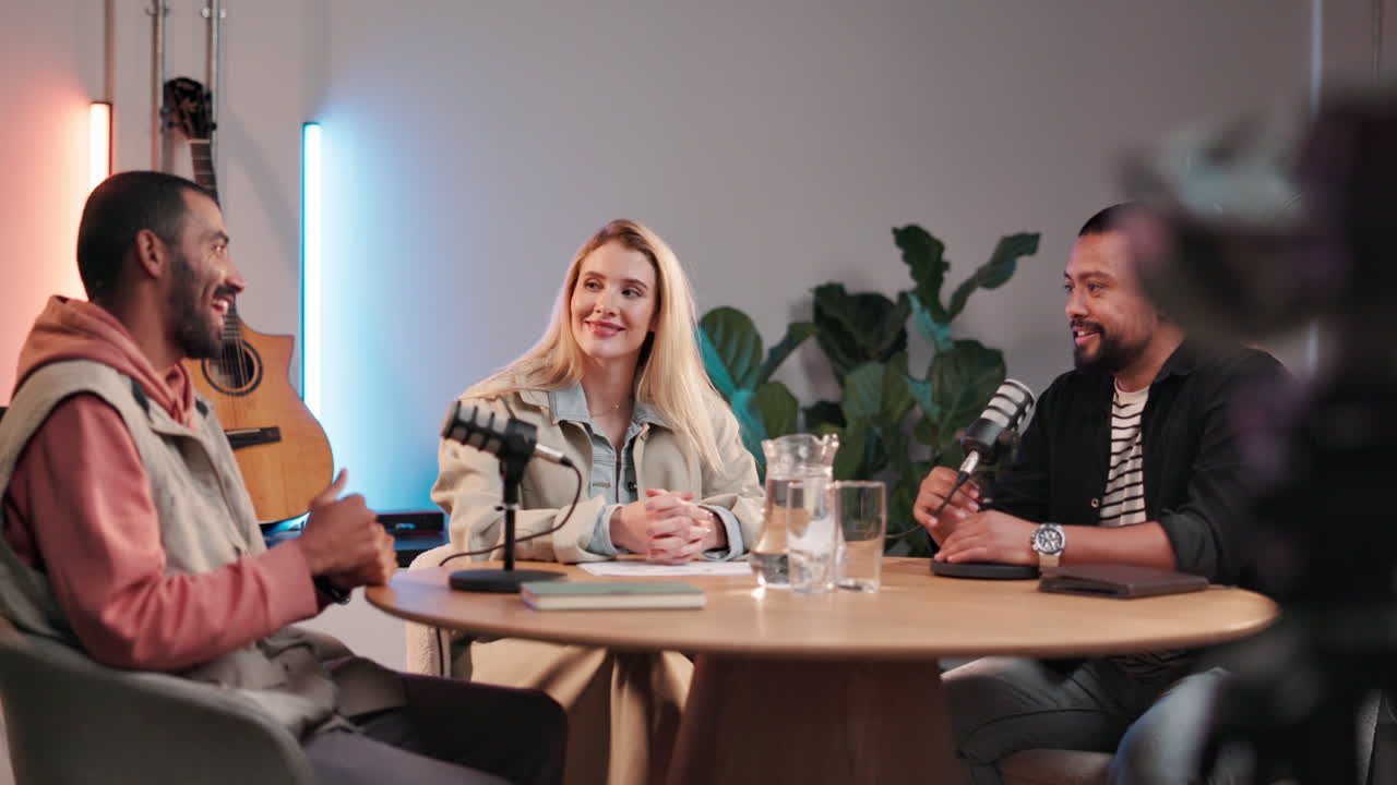 Podcast studio with interviewer and guests