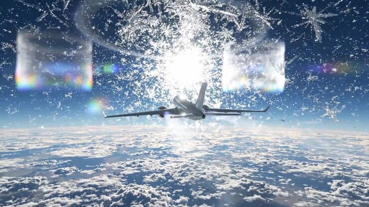 Un maestoso aereo che scivola attraverso un cielo innevato, catturando il bagliore del sole tra fiocchi di neve scintillanti; si dispiega un viaggio squisito ad alta quota.