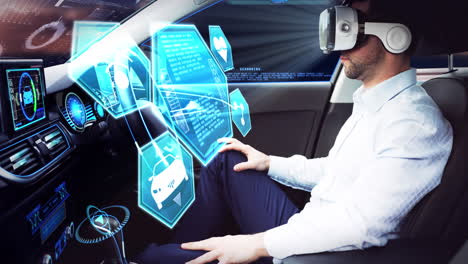 animación de iconos sobre un hombre de negocios que usa auriculares vr en un coche de conducción autónoma