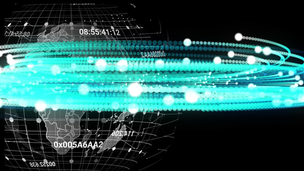 검은색 배경에 그리드 패턴의 지구를 둘러싼 숫자를 가진 원형 패턴의 애니메이션