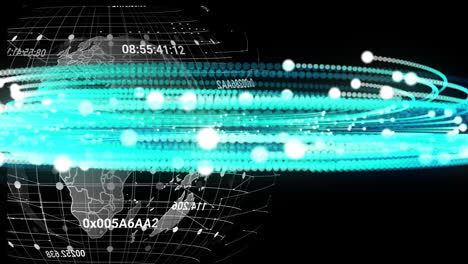 animation of circular pattern with numbers around grid patterned globe over black background