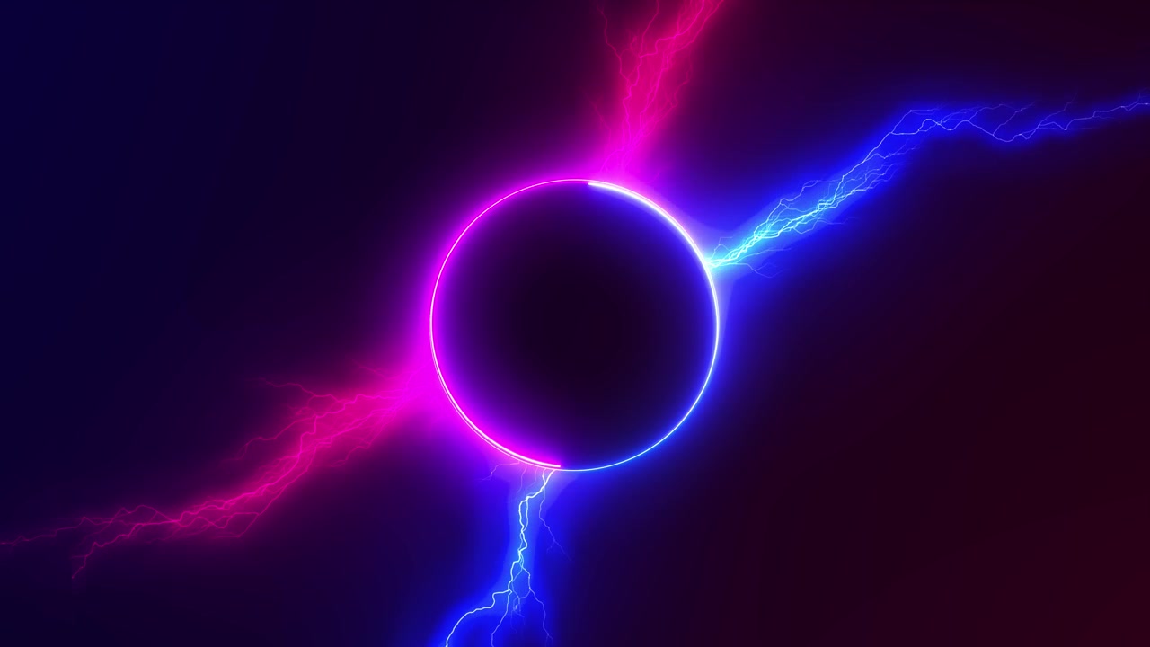 Anello energetico neon rosa e blu che brilla con fulmini elettrici, potenza sci-fi oscura e vibrante per video gaming
