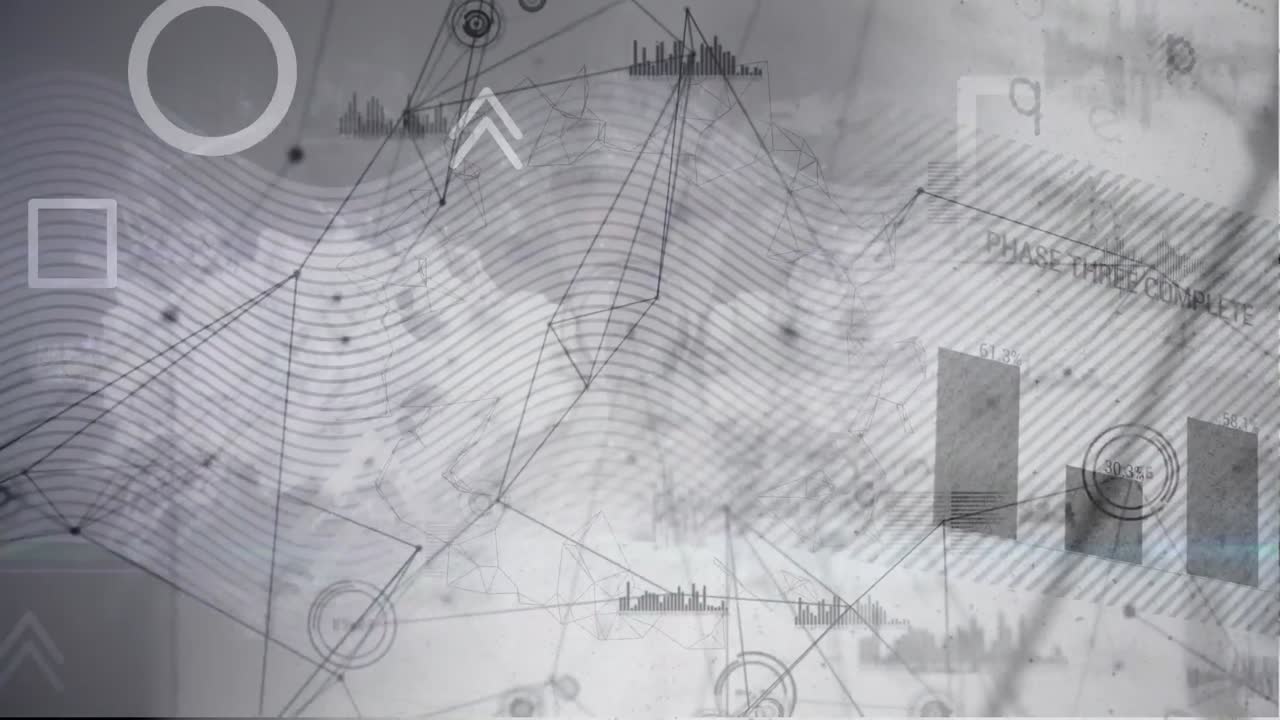 ⁇ 색 배경에 모양과 데이터 처리를 가진 연결 네트워크의 애니메이션