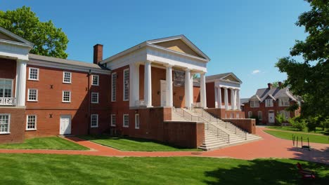 University-of-Delaware-cinematic-drone-shot-of-one-of-campus-iconic-buildings