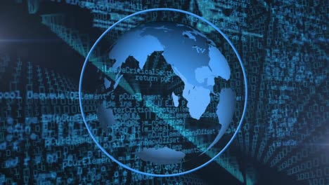 animación digital del giro del globo contra el procesamiento de datos de codificación binaria en fondo azul