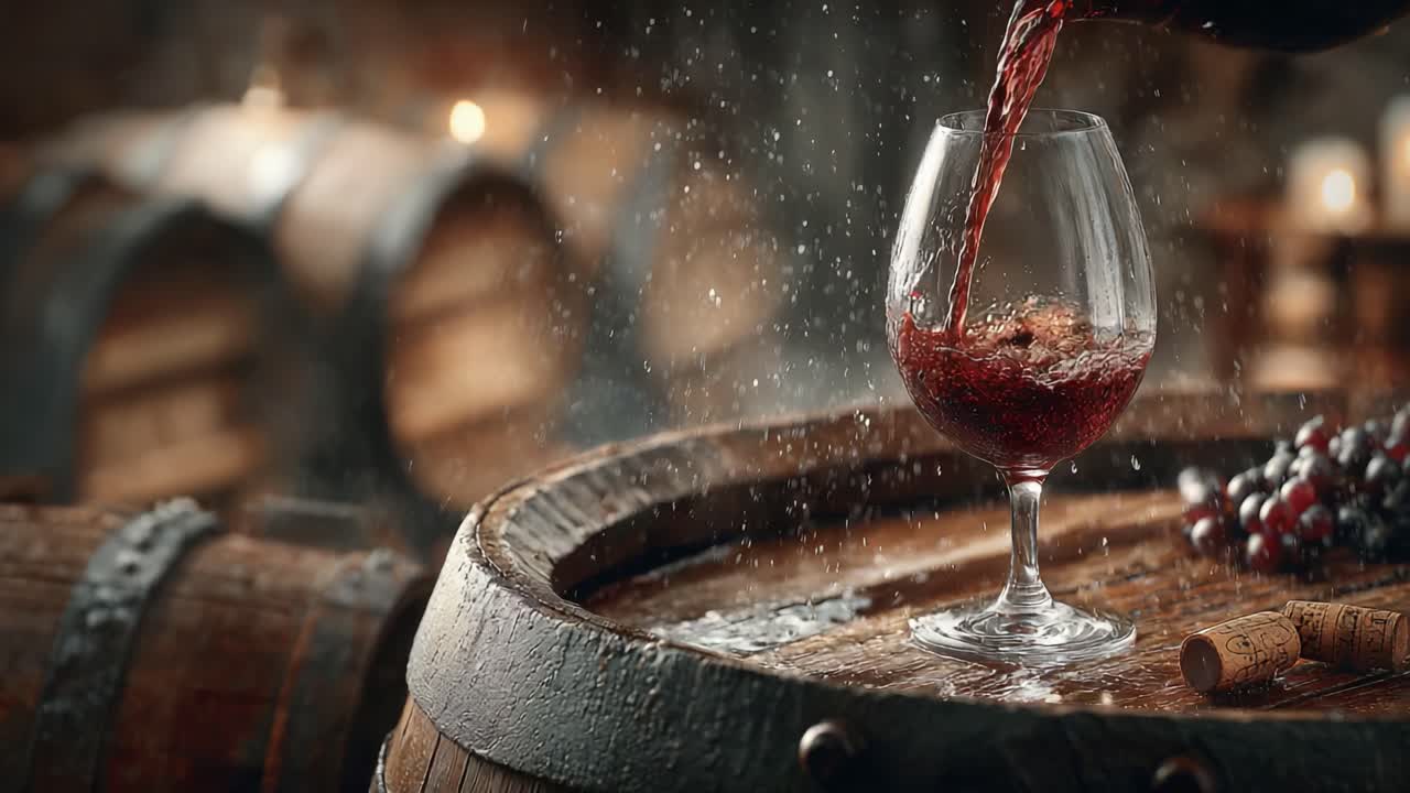 Uma jornada cativante ao mundo do vinho: a arte de servir vinho tinto em uma taça sobre um barril envelhecido, cercado por madeira nobre e uvas