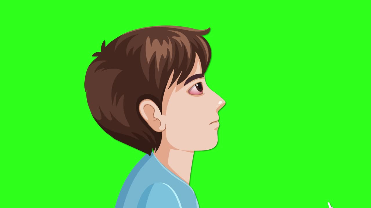 Animated boy uses eye drops to treat red, irritated eye, side view, bright green background