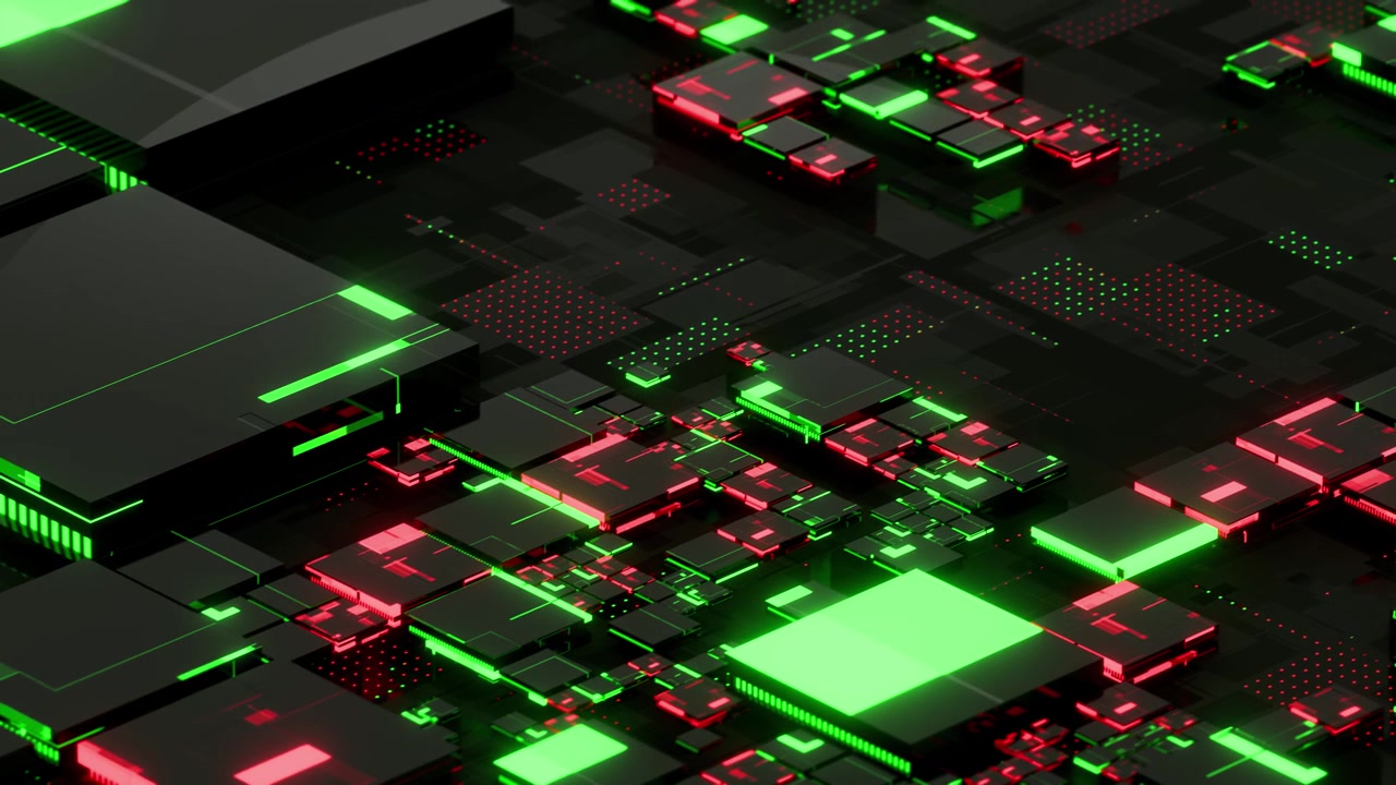 Abstrakt futuristische 3D-Mikrochip-Leiterplatte mit leuchtenden Neonlichtern