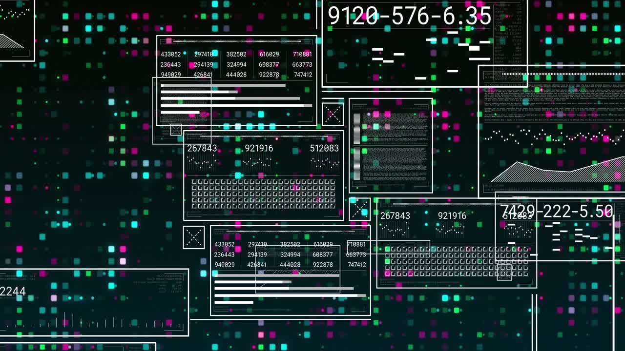 On interface loading UI panels floating, filling numbers and pulsing gauge showing data trends