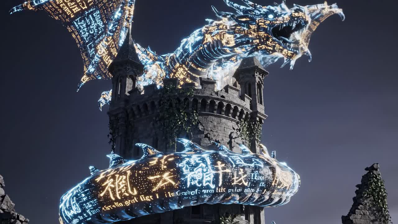 Glowing Dragon Encircling a Ruined Castle Tower