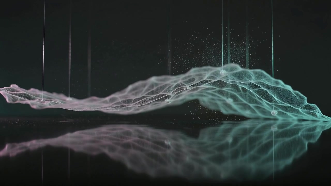 Playback starting, pink teal 3D mesh grid undulating over mirror plane, sparking particles, columns
