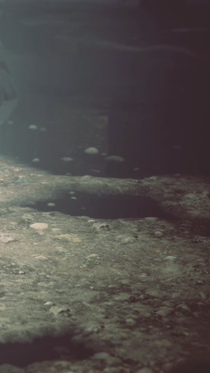 Footprints on a sandy surface in a dimly lit environment
