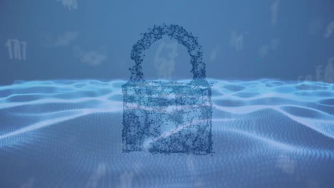 Animation-of-numbers-and-padlock-with-spots-on-blue-background