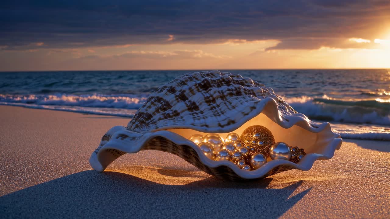 Large seashell filled with shimmering golden and silver Christmas decorations resting on sandy beach at sunset, with gentle waves lapping in the background, creating a serene atmosphere