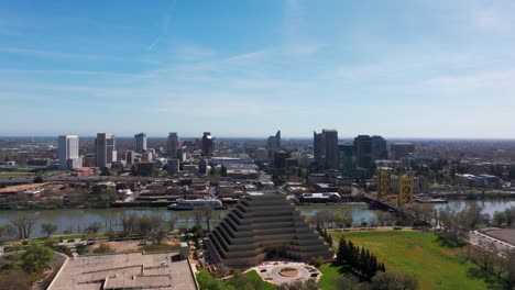 orbiting drone aerial view of downtown sacramento, california on a sunny day