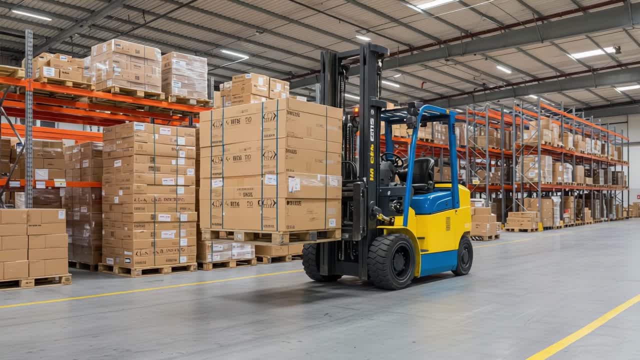 A Forklift Transporting Boxes in a Warehouse: Efficient Material Handling and Logistics Operations in Action Within a Large Storage Facility