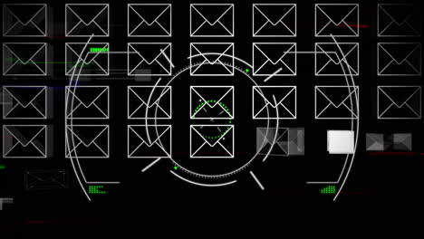 animación de los iconos de correo electrónico de los sobres, escaneo del alcance y procesamiento de datos