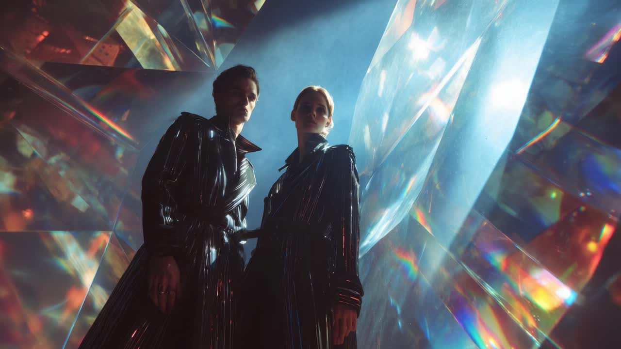Two stylish figures stand dramatically in an artistic environment filled with captivating refracted light patterns, showcasing an interplay of modern fashion and abstract visual elements that draw attention