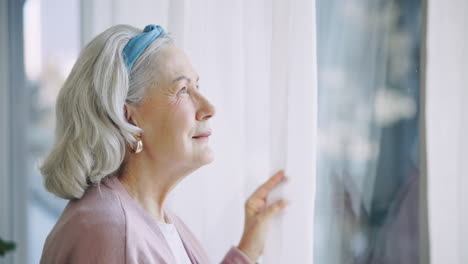 thinking, senior and woman by window in home