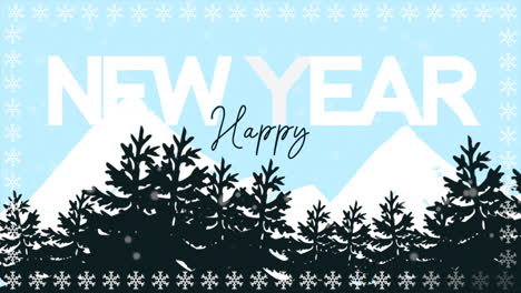Feliz-Año-Nuevo-Con-Bosque-Nevado-Y-Montaña-Al-Amanecer