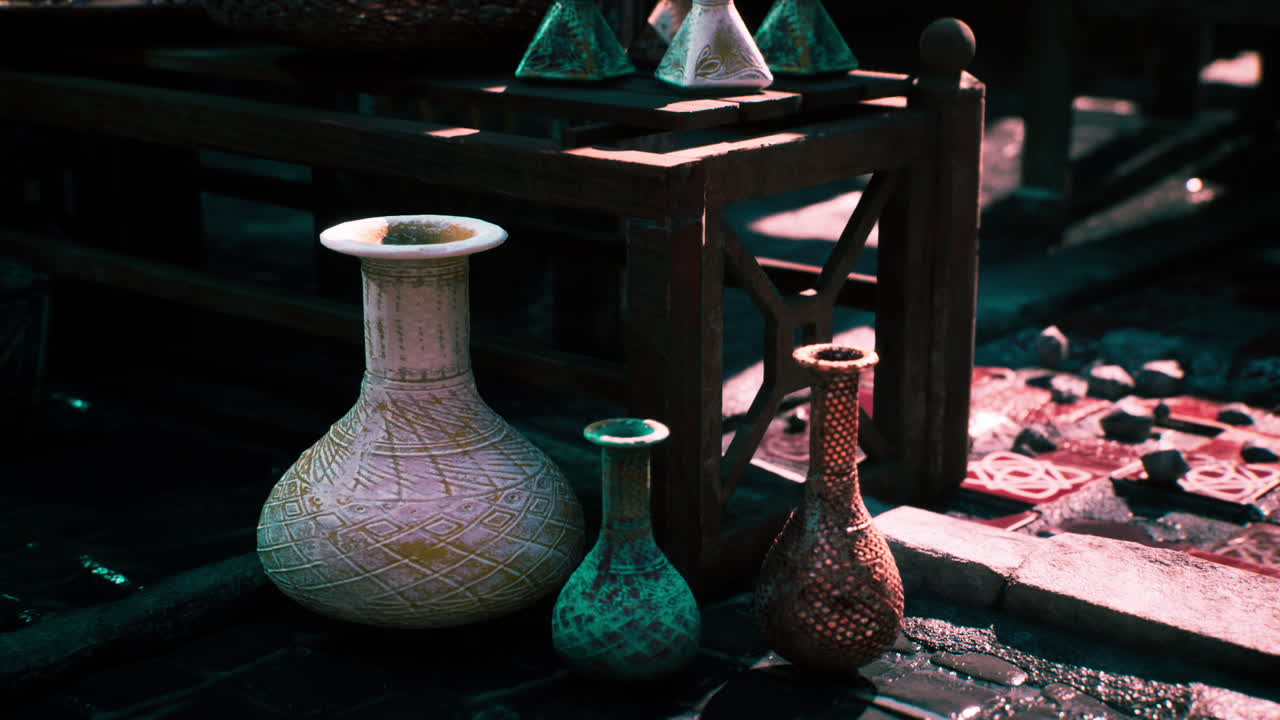 나무 테이블 에 있는 장식적 인 도자기 꽃병 들 의 컬렉션