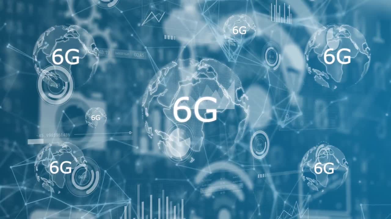 파란색 배경에 연결 네트워크를 통해 6g 텍스트와 함께 지구의 애니메이션