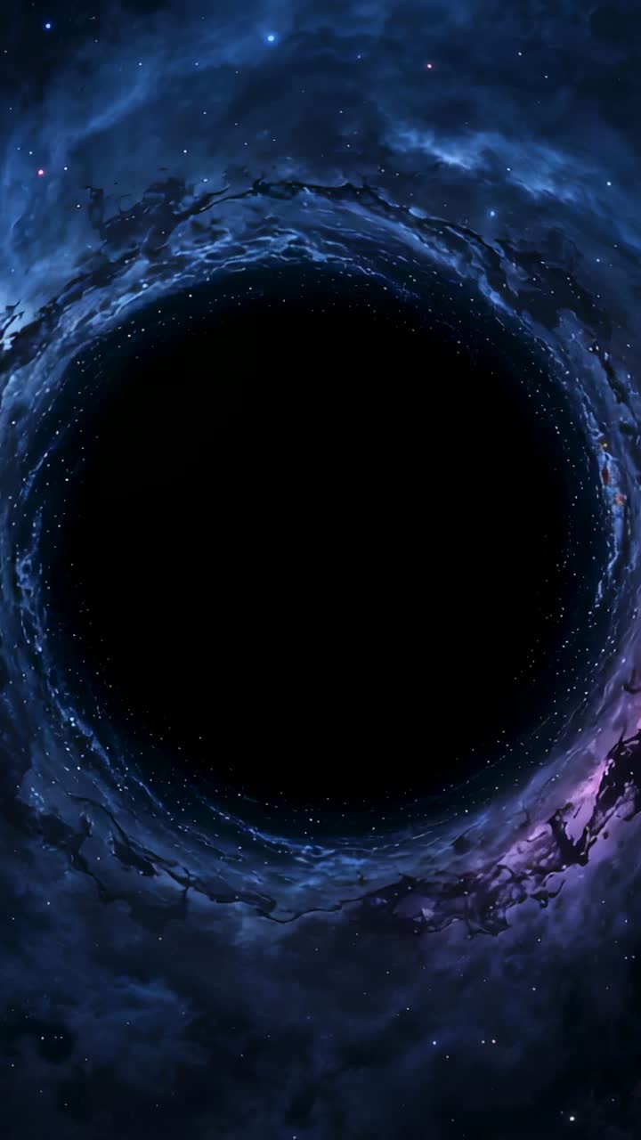 Vertical video: Playing nebula ring circling central black void in space, revealing purple tendrils