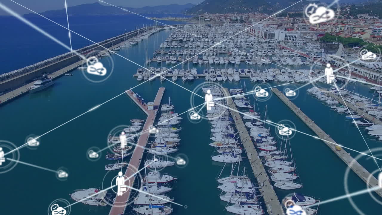 배경에 포트에 대한 아이콘을 가진 연결 네트워크의 애니메이션