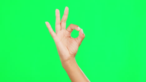 bueno, bien señal y mano de una persona en la pantalla verde