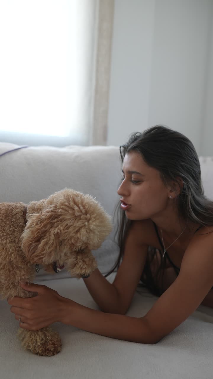 소파 에 개 를 안고 있는 여자