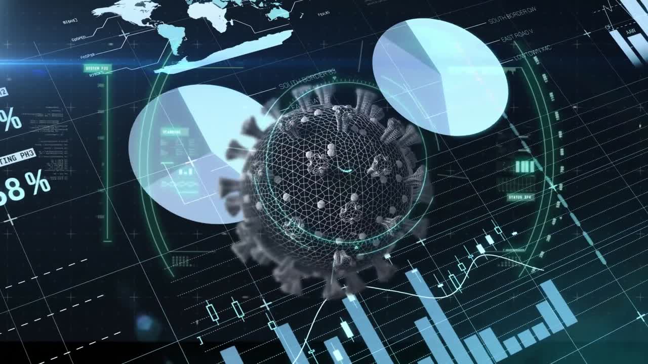 animazione della cellula virale sullo schermo con dati scientifici