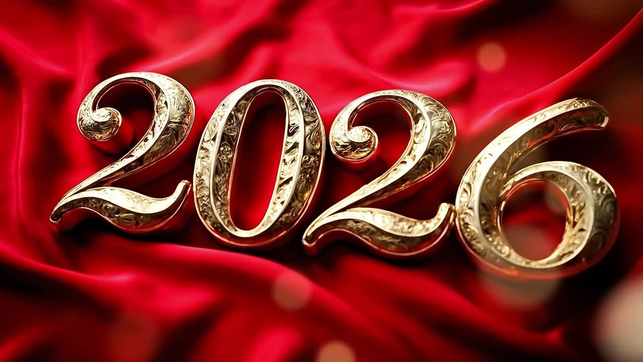 Numeri 2026 con texture dorata su tessuto di seta rosso