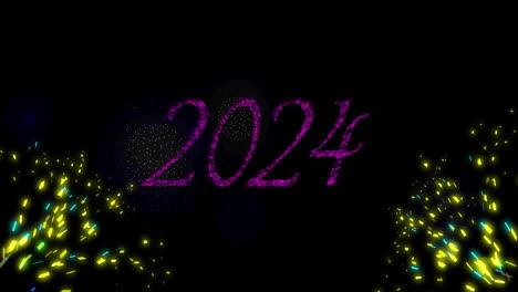 animación de texto de 2024 sobre fuegos artificiales explotando en fondo negro