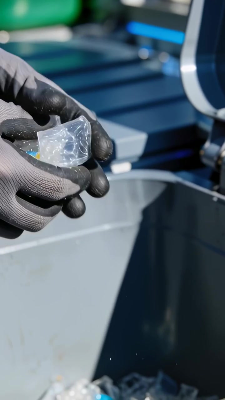 Vertical video: Placing gloved hands in coat over grey bin, squeezing pouches to recycle beads