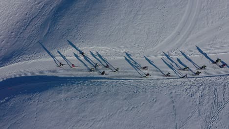 aerial birds eye view of professional international cross-country skiing race during sunlight in winter