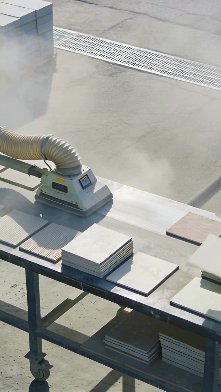 Vertical video: Placing tiles, hi-vis worker feeding sander on bench, hose pulling dust for finish