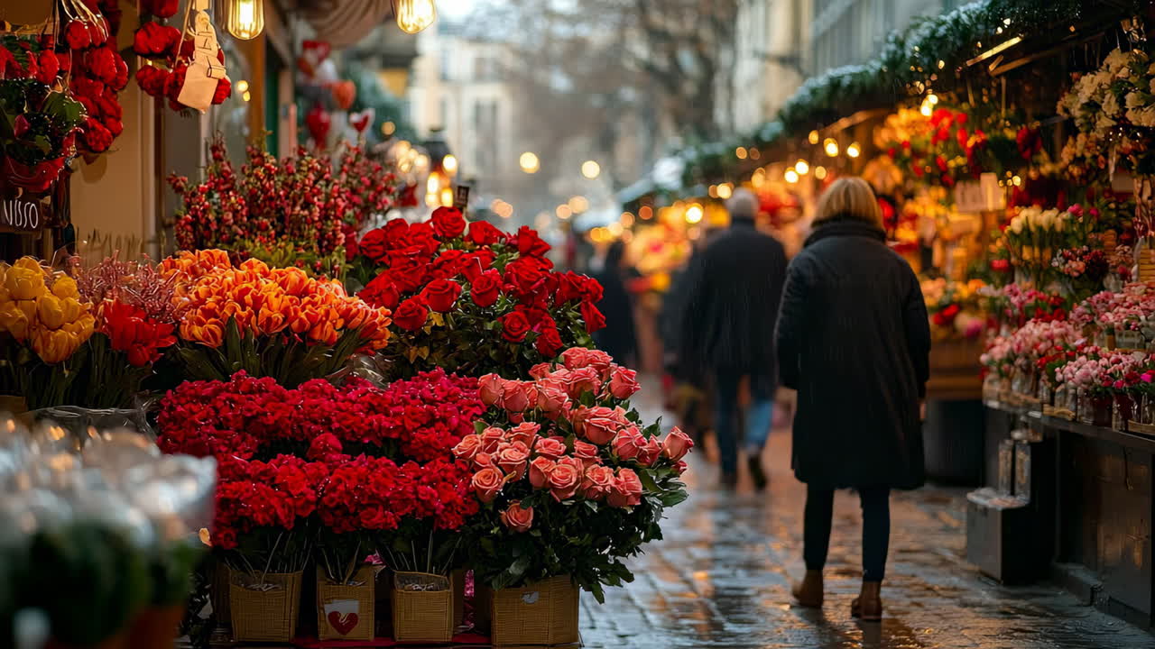 Blomstermarked i byen om vinteren med folk, der køber blomster og nyder stemningen om aftenen