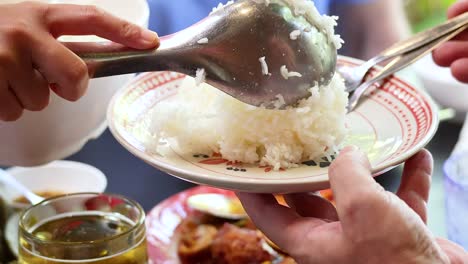 hands serving rice onto plate during communal thai meal gathering