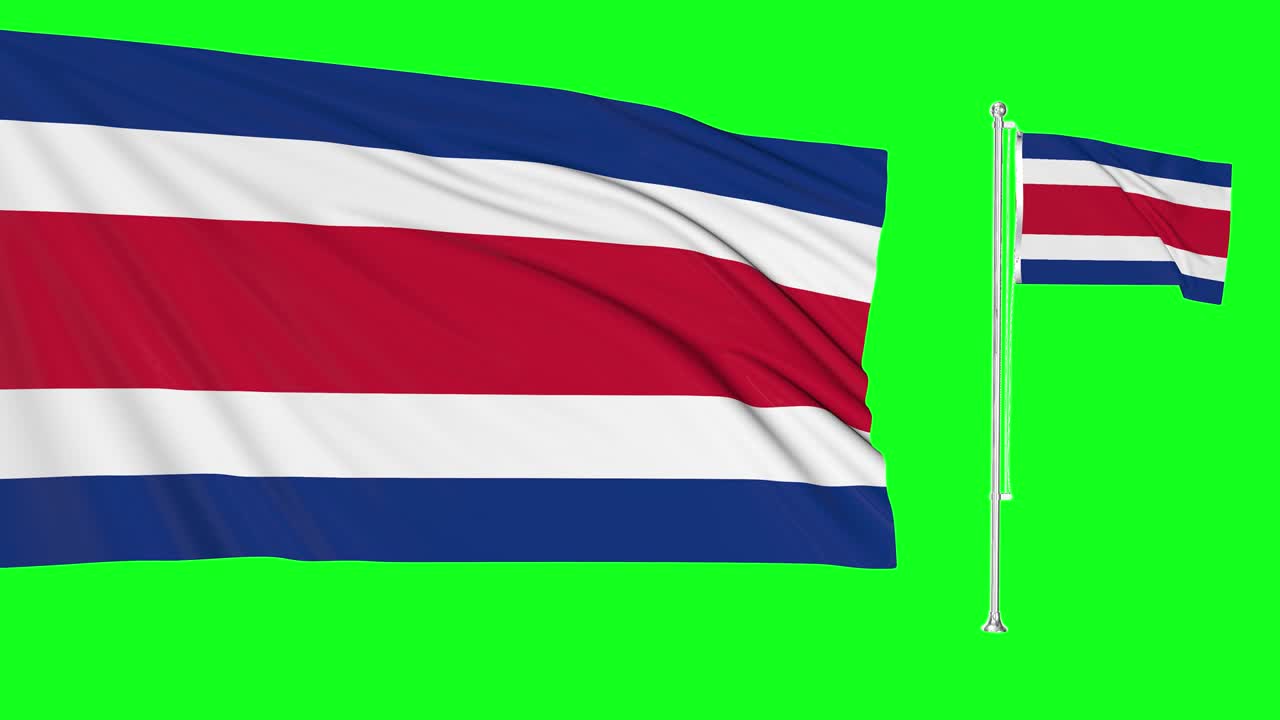 зелёный экран гиперреалистичный коста-рики два флага размахивают на ветру риканцы флагшток дрожит с очень подробной текстурой ткани анимация 4k 3d хрома ключ
