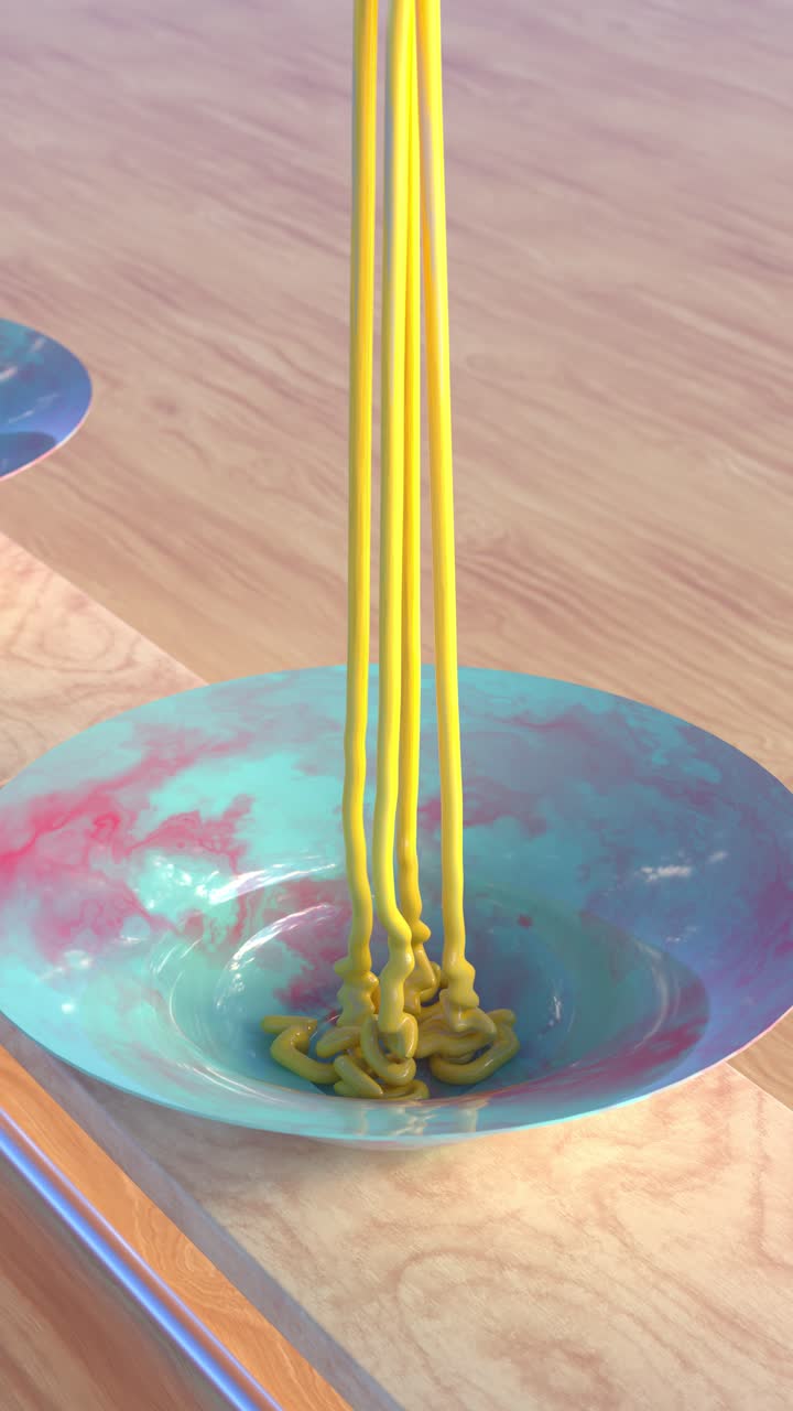 4K animation. Looped animation video of spaghetti falling on colorful plates.