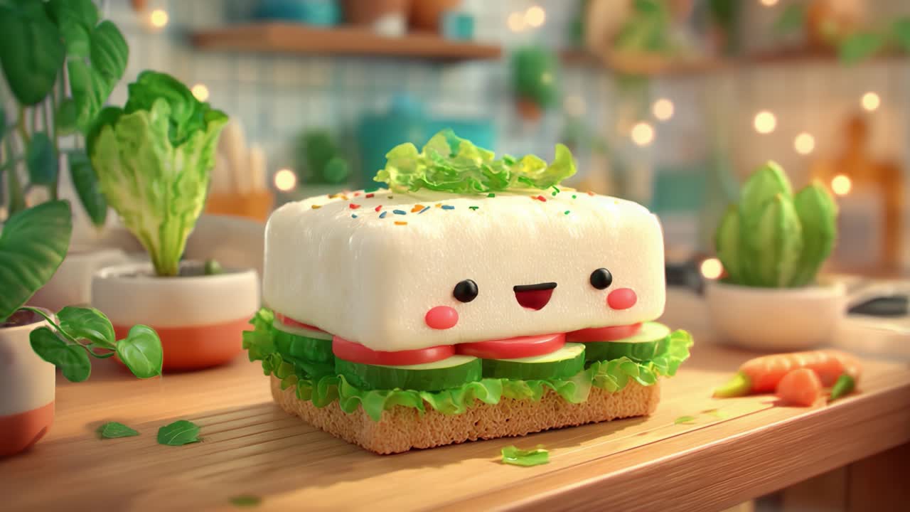 幸せそうな顔と新鮮な野菜を添えた、楽しいアニメーションのサンドイッチキャラクター。植物と色とりどりの食材に満ちた居心地の良いキッチン環境に囲まれて。
