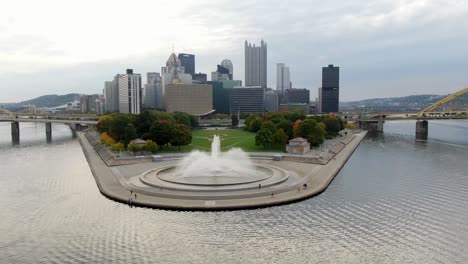 pittsburgh pa skyline as seen from drone above river