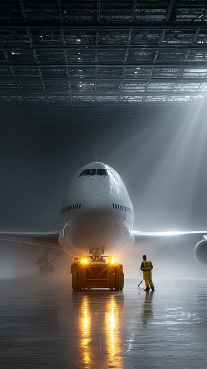 Una vista mozzafiato di un grande aereo illuminato da morbidi fasci di luce in un ampio hangar, che mostra la fusione di tecnologia e presenza umana.
