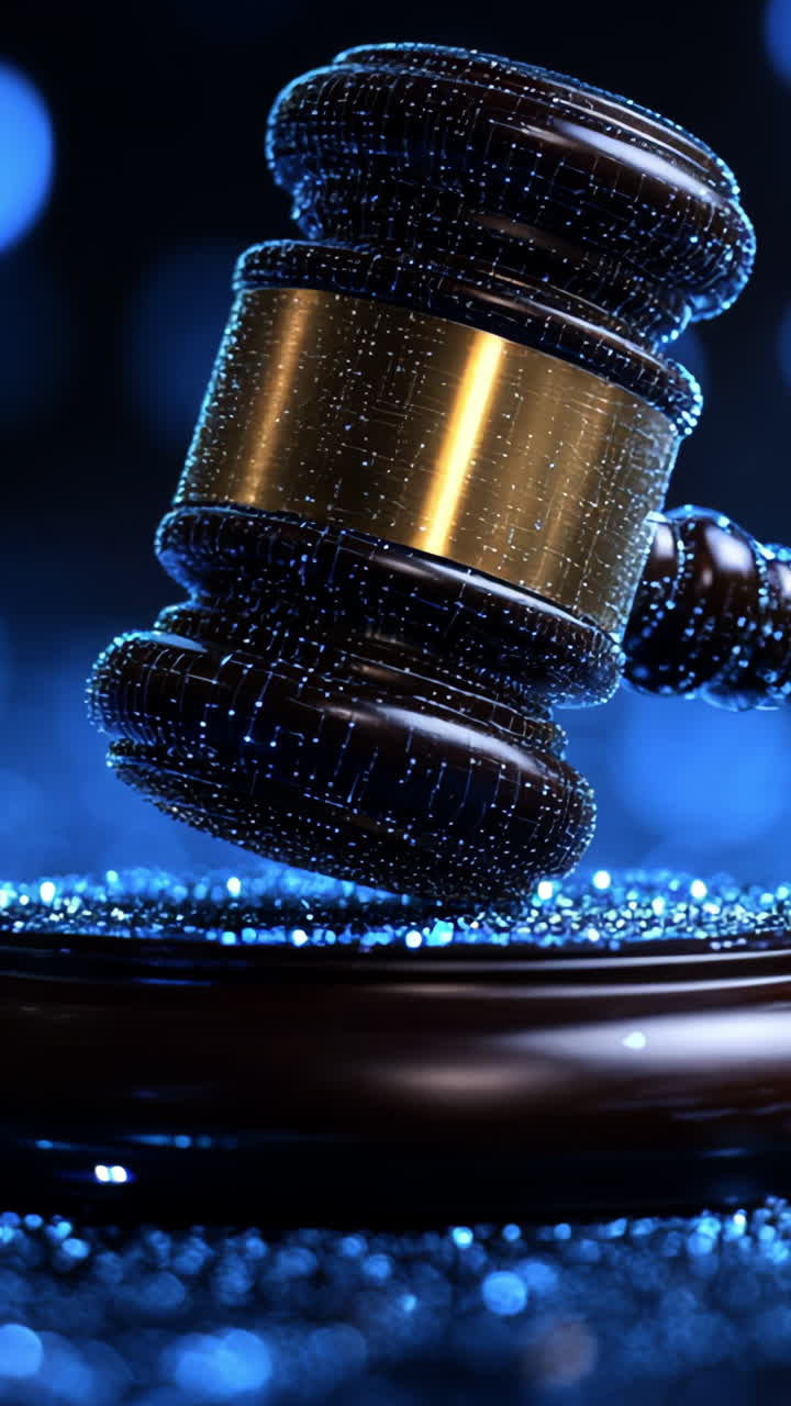 A wooden gavel sits on a blue background. The gavel is surrounded by glitter, giving the image a sense of importance and authority