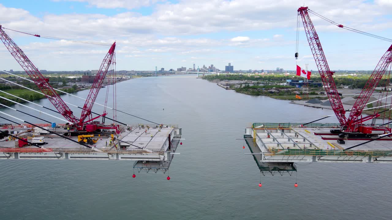 Almost finished construction of Gordie Howe international bridge connecting Detroit and Windsor