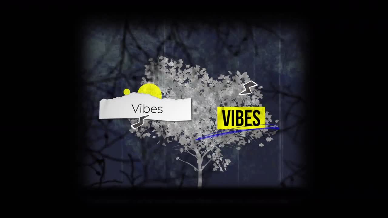 Animation des Textes „Vibes“ über Formen auf schwarzem Hintergrund